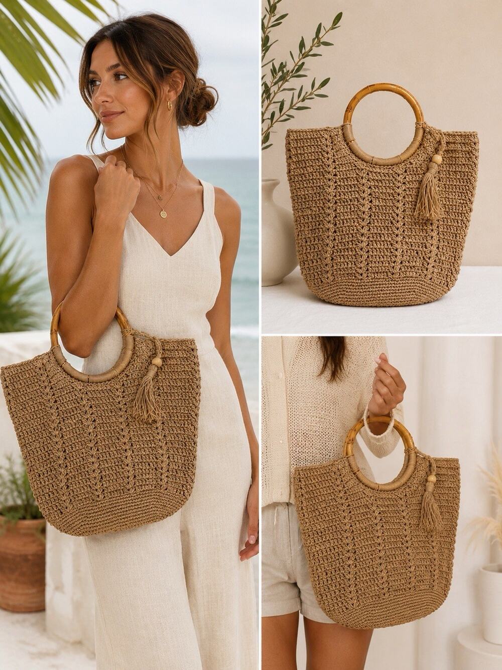 Studio Collection Medium Crochet Bag With Bamboo Style Handles Summer Dress Fun